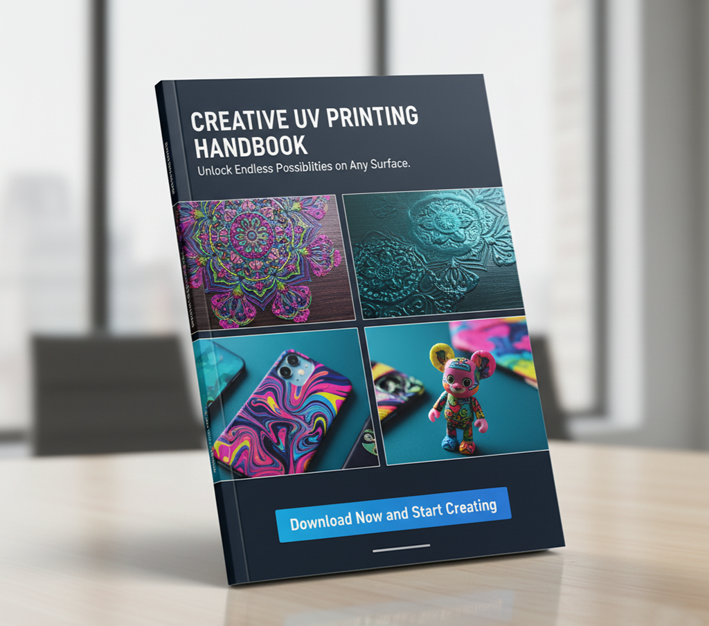 Image of 'The Creator's Inspiration Handbook,' a guidebook for UV printer users with a dark blue cover featuring printed artwork examples (intricate patterns, phone cases, and figurines). The handbook includes pro tips, material guides, and project galleries to spark creative ideas for small businesses and designers looking to elevate their UV printing projects