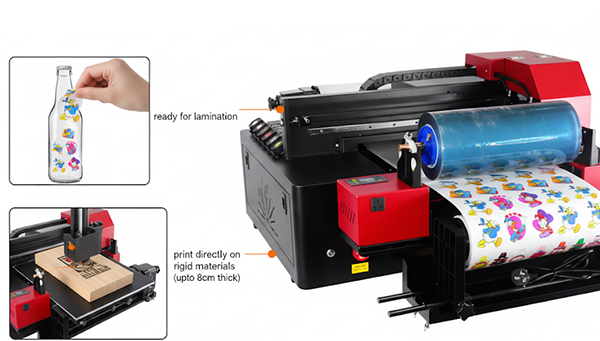 uv dtf printer applying transfer film onto glass bottles and printing directly on rigid wood materials up to 8cm thick