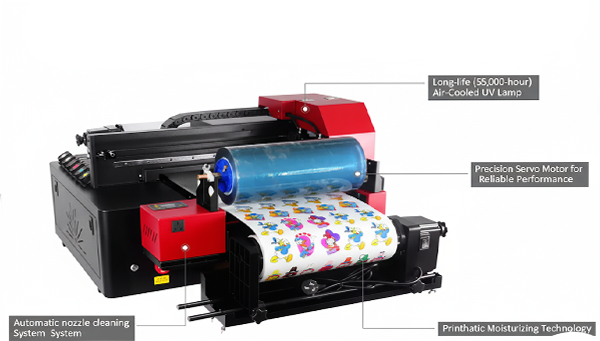 Industrial dtf uv machine with air-cooled UV lamp, servo motor, and automatic nozzle cleaning system