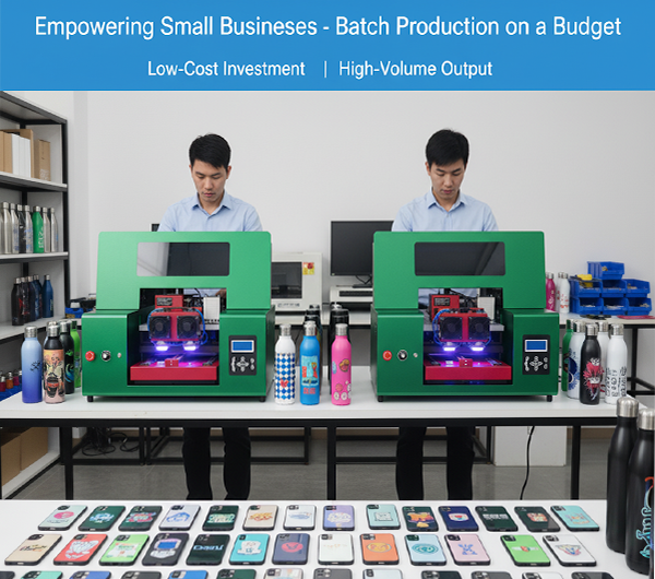 Image showcasing portable UV printer empowering small businesses with batch production on a budget. Features two portable UV printers in a workspace, producing high-volume output on items like phone cases and water bottles, with low-cost investment. Ideal for small businesses seeking efficient, high-volume printing solutions.