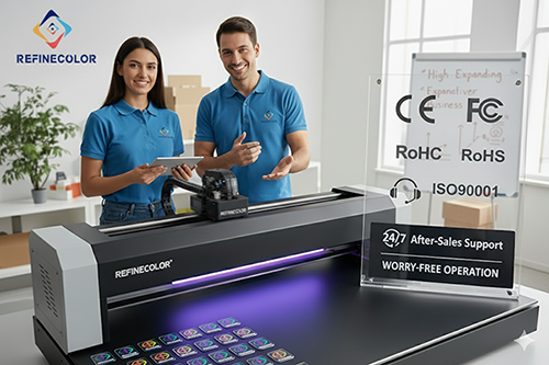 Demonstration of uv light printer with CE, RoHS, and ISO9001 certified quality assurance