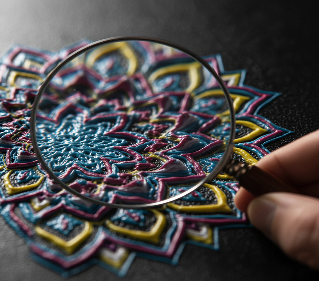 Image demonstrating how to add layers of gloss and depth using a UV printer, ideal for starting a small printing business. Shows a magnified view of a vibrant, glossy printed design, highlighting pinpoint accuracy in crystal-clear gloss finish to make colors radiate and elevate the perceived value of work for small printing businesses.