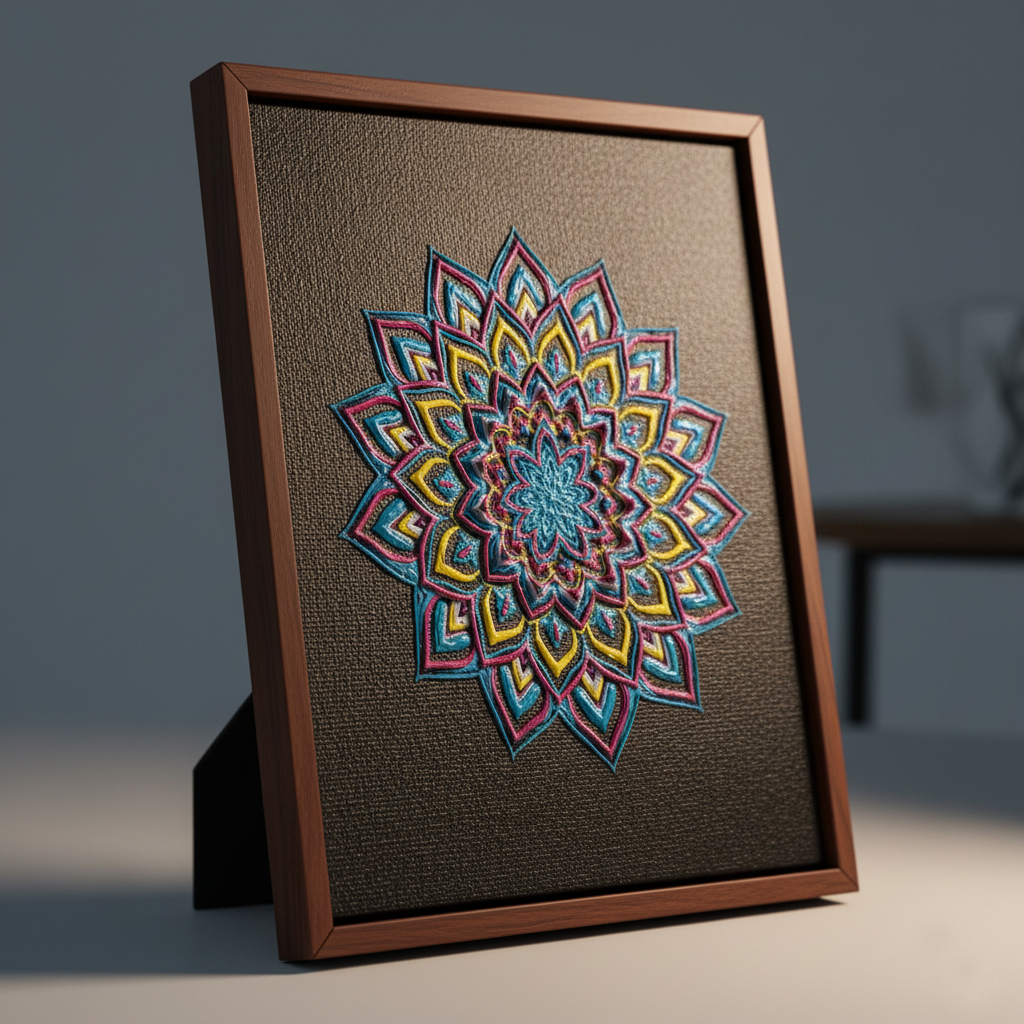 Image showcasing a gallery-ready art print produced by a UV printer with Epson XP600 printhead, ideal for starting a small printing business. The framed artwork features precise gradients and fine lines, demonstrating professional-grade resolution that faithfully reproduces artistic visions for gallery-worthy results.