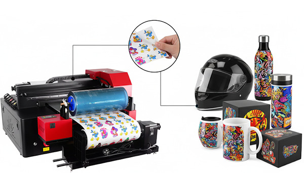 uv dft printer producing colorful transfer films applied to mugs, bottles, helmets, and gift boxes