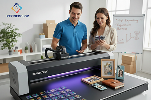 Customers reviewing colorful prints produced by advanced digital uv printer for personalized items
