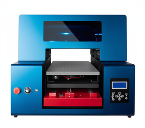 Image of a compact UV inkjet printer with blue body, open bed, red mechanism, and digital panel. Enables high-res direct-to-material printing on phone cases, leather, art prints—ideal for small businesses