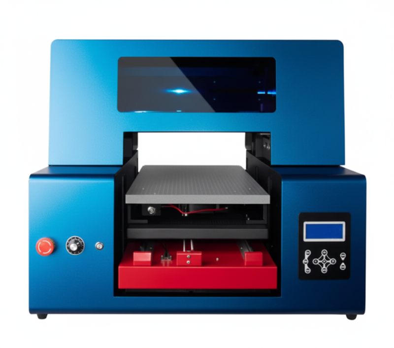 Image of a compact UV inkjet printer with blue body, open bed, red mechanism, and digital panel. Enables high-res direct-to-material printing on phone cases, leather, art prints—ideal for small businesses