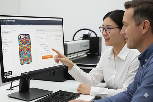 Designing custom phone case prints with software connected to professional uv machine